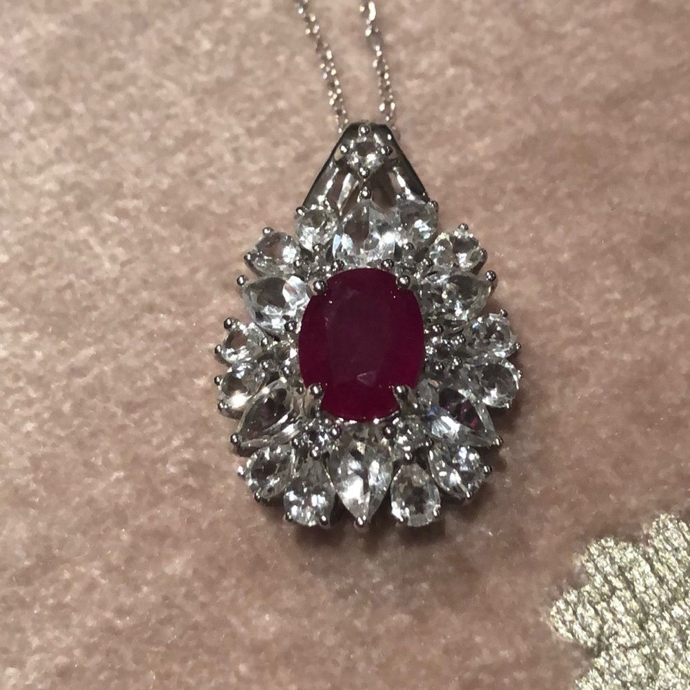 Ruby & White Topaz Pendant Necklace 925 Sterling